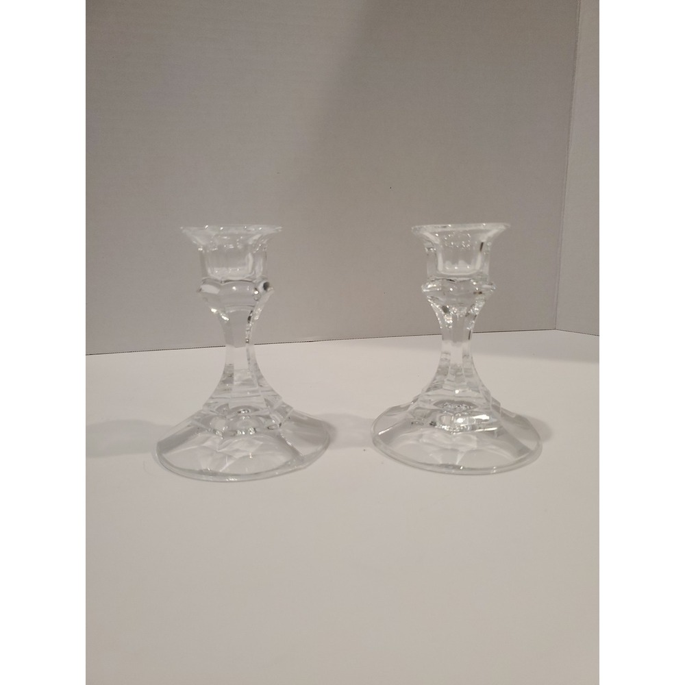 Vintage Clear Pressed Glass Candlestick Holders, Set of Two with Round Base